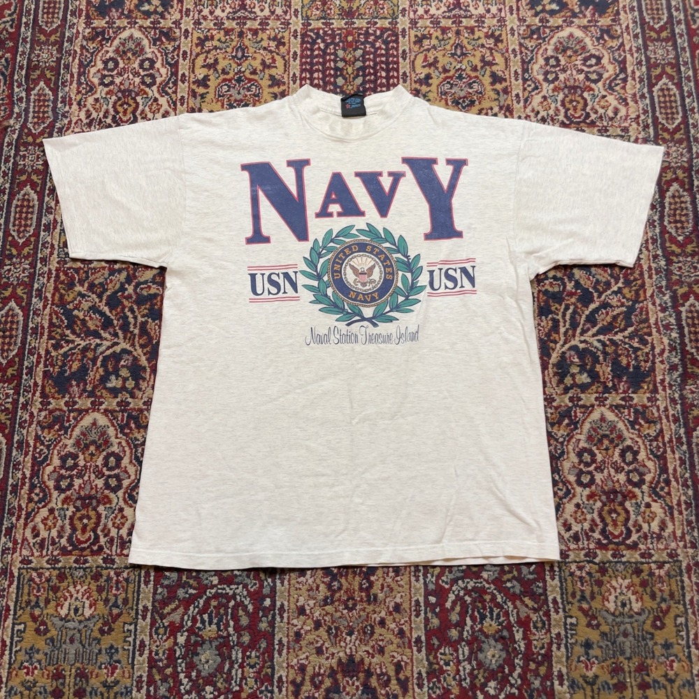 VTG 90s Soffe US Navy Naval Station Treasure Island T-Shirt XL Gray USA Crest